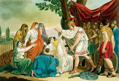 Coriolanus, av Jacques Grasset de Saint-Sauveur (1757-1810), gravering fra det gamle Roma, eller historisk og billedlig beskrivelse av alt relatert til romerske folk, deres militære, skikker, religiøse og offentlige liv av Jacques Grasset de Saint-Sauveur