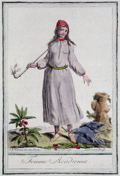 Acadian woman - i "" Encyclopedia of travels"" av Grasset St Sauveur, red. 1796 av Jacques Grasset de Saint Sauveur