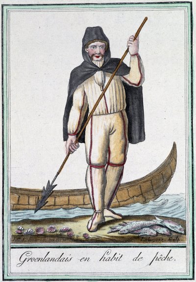 Grønlendere i fiskeredskap - i "" Encyclopédie des voyages"" av Grasset Saint Sauveur, red. Paris 1796 av Jacques Grasset de Saint-Sauveur