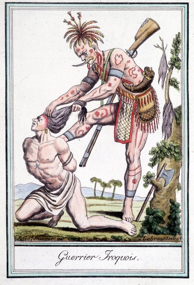 Iroquois-kriger skalperer fienden sin - i "" Encyclopedia of travels"" av Grasset St Sauveur, Paris av Jacques Grasset de Saint Sauveur