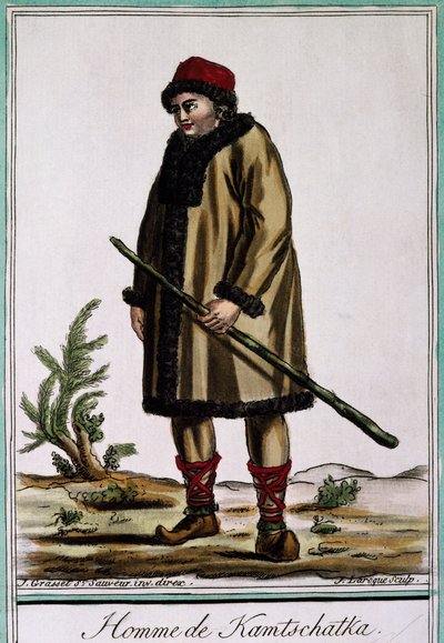 Kamchatka-mann, fargegravering av Laroque, Russland av Jacques Grasset de Saint-Sauveur