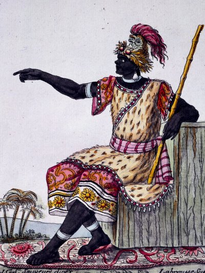 King of Loango, fargegravering fra tegning av Labrousse (aktiv 1796), fra Encyclopedia of voyages, av Jacques Grasset de Saint-Sauveur (1757-1810) av Jacques Grasset de Saint-Sauveur