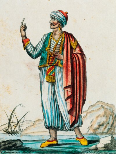 Mannsdrakt fra barbariske og muslimske stater, fargegravering fra tegning av Labrousse (aktiv 1796), fra Encyclopedie des Voyages, av Jacques Grasset de Saint-Sauveur (1757-1810) av Jacques Grasset de Saint Sauveur