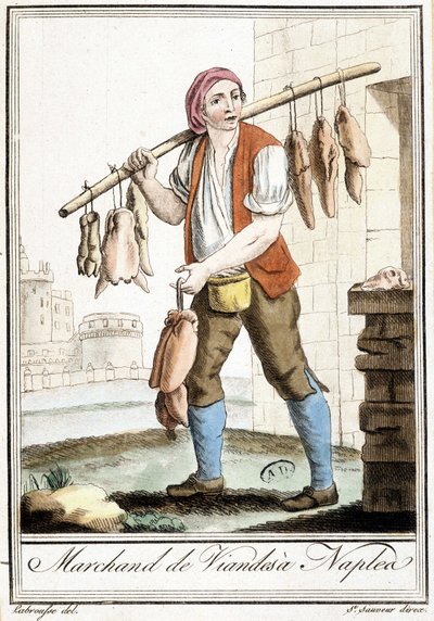 Kjøtthandler i Napoli - i "" Encyclopedia of travels"" av Grasset St Sauveur, Paris av Jacques Grasset de Saint-Sauveur
