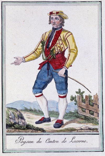 Bonde i kantonen Luzern (Sveits) - i "" Encyclopedia of Travels"" av Grasset St Sauveur, red. 1796 av Jacques Grasset de Saint-Sauveur