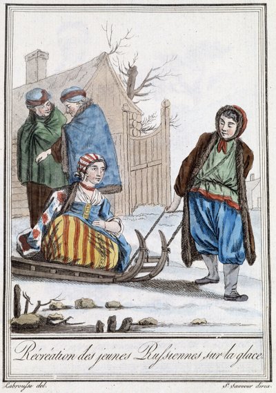Rekreasjon av unge russere på ake (russere) - i "" Encyclopedia of Travels"" av Grasset Saint Sauveur, red. Paris 1796 av Jacques Grasset de Saint-Sauveur