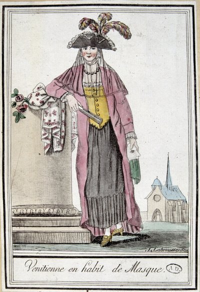 Venetiansk kvinne i maske - i "" Encyclopedia of travels"" av Grasset Saint Sauveur, red. Paris 1796 av Jacques Grasset de Saint-Sauveur