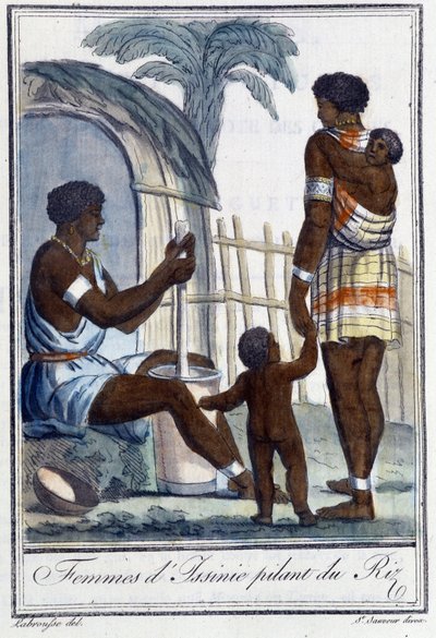 Kvinner fra Issinie banker på risen - i "" Encyclopedia of Travels"" av Grasset St Sauveur, red. 1796 av Jacques Grasset de Saint-Sauveur