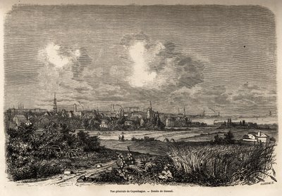 Generelt bilde av København, tegning av Jacques Guiaud (1810-1876), for å illustrere J.M.Dargauds reise til Danmark (1800-1860), i 1860. Gravering i "" Le tour du monde", redigert av Edouard Charton av Jacques Guiaud