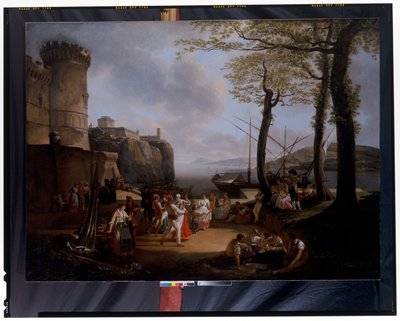 La Tarantelle: Et kvelds kystlandskap med napolitanske bønder som danser Tarantella av Jacques Henri Sablet