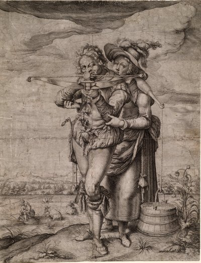 The Crossbowman and the Milkmaid - The Crossbowman and the Milkmaid - Gheyn, Jacques de, the Younger (Jacob De Gheyn II, dit le Jeune) (1565-1629) - ca. 1610 - Kobberstikk - 39,3x30 - Privat samling av Jacques II de Gheyn