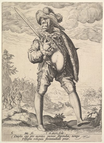 Soldat, bevæpnet med bredsverd og skjold, fra offiserer og soldater, 1587. av Jacques II de Gheyn