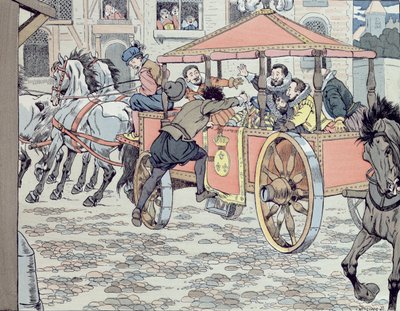 Attentatet på Henri IV av Francois Ravaillac i rue de la Ferronerie 14. mai 1610, ca. 1900 av Jacques Marie Gaston Onfray de Breville (Job)