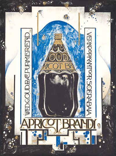 Plakat med reklame for aprikosbrandy, for vin- og sherryselgeren Oud, ca. 1920 (farge litho) av Jacques Jongert