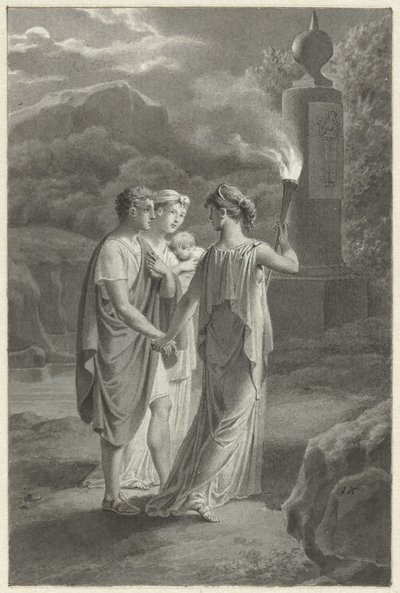 Design for en bokillustrasjon med en ung familie og en kvinne med en lommelykt av Jacques Kuyper