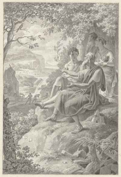 Design for en bokillustrasjon med en gammel historieforteller, en ung familie og alle slags dyr av Jacques Kuyper