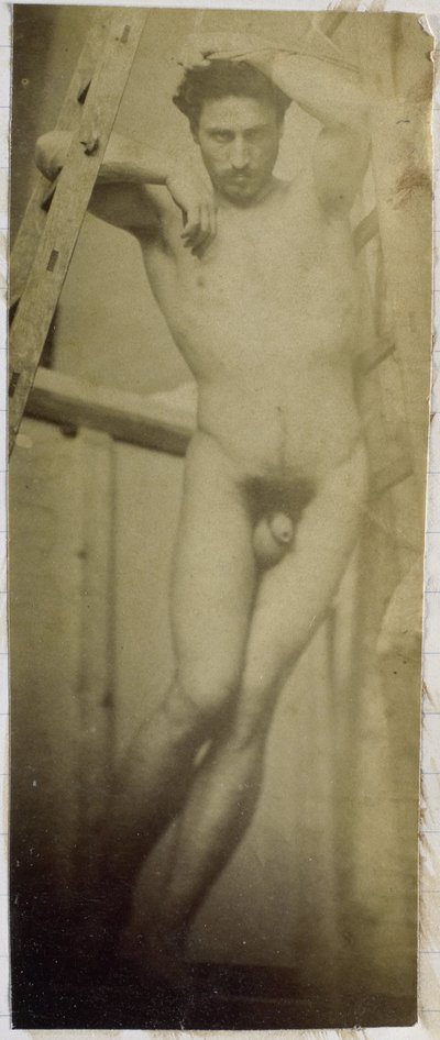 Studie av en mannlig nakenmodell, hengende i et trestillas, i studioet til Jacques de Lalaing av Jacques Lalaing (attributed to)
