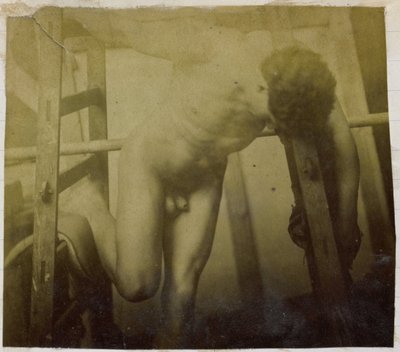 Studie av en mannlig nakenmodell, lent fremover i et trestillas, i studioet til Jacques de Lalaing av Jacques Lalaing (attributed to)