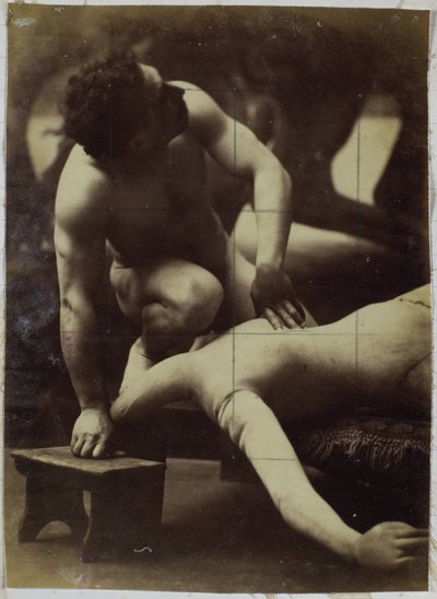 Studie av en mannlig nakenmodell som bryter med en mannequin, i studioet til Jacques de Lalaing av Jacques Lalaing (attributed to)