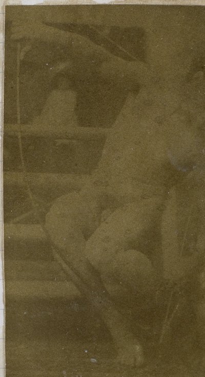 Studie av en mannlig nakenmodell som sitter på et trinn, sett forfra med et tau og bue på fanget, i studioet til Jacques de Lalaing av Jacques Lalaing (attributed to)