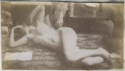 Studie av en kvinnelig nakenmodell, liggende på et tigerskinn, i studioet til Jacques de Lalaing av Jacques Lalaing (attributed to)