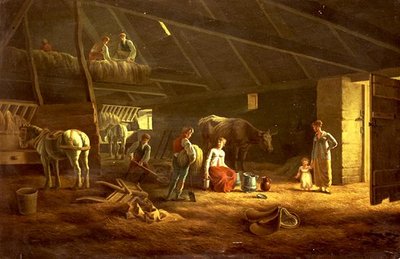 En melkepike, gårdsmenn og ploghester i en låve av Jacques Laurent (circle of) Agasse