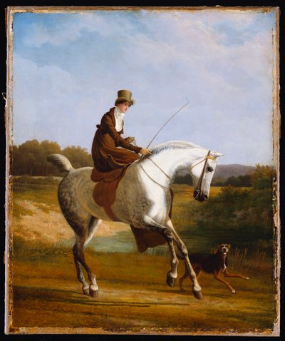 Frøken Cazenove på en grå jeger, en hund som løper ved siden av av Jacques Laurent Agasse