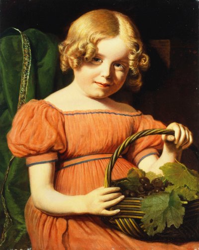 Portrett av Louisa Booth, sittende halv lengde, i en korallrosa kjole trimmet med en blå flette som holder en kurv med druer, av Jacques Laurent Agasse