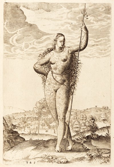 A Young Pictish Woman, c1585 (bw gravering) av Jacques Le Moyne
