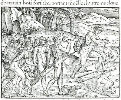 Indiske innfødte gjør ild etter jakt, gravert av Theodor de Bry (1525-75) av Jacques Le Moyne