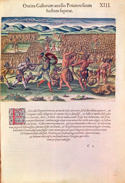 Franskmennene hjelper indianerne i kamp, fra 'Brevis Narratio..', gravert av Theodore de Bry (1528-98) utgitt i Frankfurt, 1591 (se også 111679) av Jacques Le Moyne