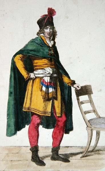 Sivil kjole til en fransk statsborger, ca. 1795 (farget gravering) av Jacques Louis (after) David