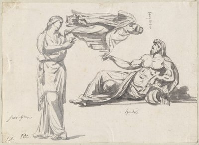 En elvegud og to klassiske skulpturer av Jacques Louis David