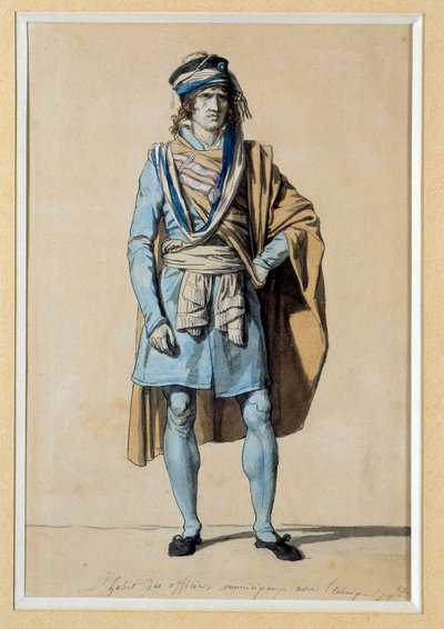 Fransk revolusjon: samfunnsdraktprosjekt 1793 “” Kommunaloffiserskjole med skjerf”” Akvarell av Jacques Louis David (1748-1825) Søn. 0,3x0,2 m. Versailles, slottene i Versailles og Trianon av Jacques Louis David