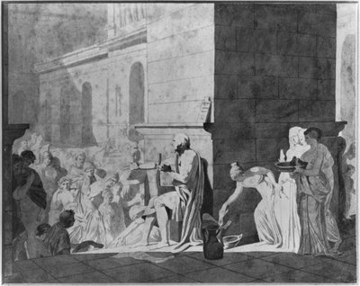 Homer resiterer diktene sine, 1794 (penn og svart blekk og grafitt og grå vask og rødt kritt på papir) av Jacques Louis David