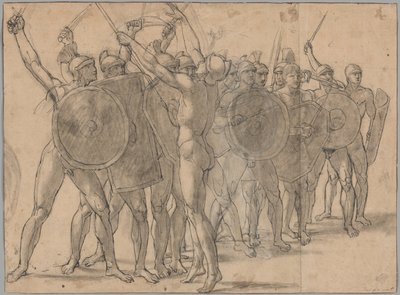 Nakne soldater som gestikulerer med våpnene sine (recto); To draperistudier for figuren til Tatius (verso) av Jacques Louis David
