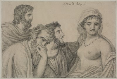 Fryné foran dommerne, ca. 1816–1820 (svart kritt på vevd papir) av Jacques Louis David