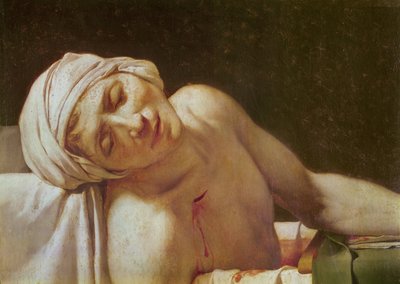 The Death of Marat detalj av ansiktet, 1793 olje på lerret av Jacques Louis David