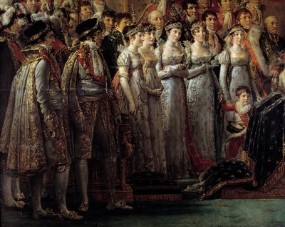 Napoleons rite. Detalj som skildrer keiserens brødre og søstre under helligdommen til keiser Napoleon I Bonaparte og kroningen av Imperatrice Josephine ved Notre-Dame de Paris 2. desember av Jacques Louis David