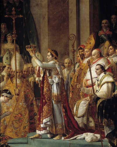 Napoleons rite. Detalj av Napoleon som bærer kronen under helligdommen til keiser Napoleon I Bonaparte og kroningen av Imperatrice Josephine ved Notre-Dame de Paris 2. desember av Jacques Louis David