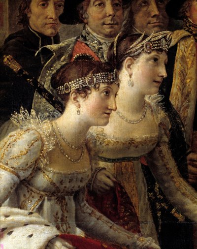 Napoleons rite. Detalj som representerer Madame de la Rochefoucault og Madame Lavalette under helligdommen til keiser Napoleon I Bonaparte og kroningen av Imperatrice Josephine ved Notre-Dame de Paris 2. desember av Jacques Louis David