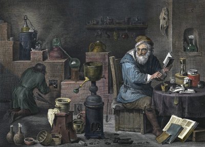 Alkymisten. Gravering av Jacques-Louis Pérée. 17. århundre. av Jacques Louis Perée