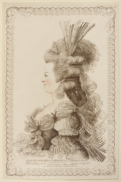 Kalligrafisk portrett av Marie Antoinette, 1787 (etsing og gravering) av Jacques Louis Petit