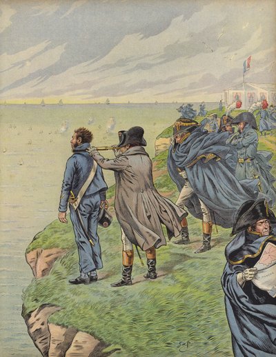 Napoleon Bonaparte undersøker flåten sin når de drar fra Boulogne av Jacques Marie Gaston Onfray de Breville (Job)