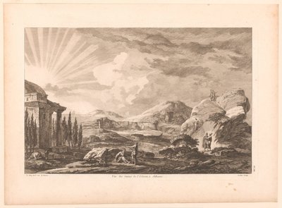 Utsikt over en ruin i Athen, muligens Dionysos-teatret Vue des ruines de l'Odeum à Athenes. (tittel på vare) av Jacques Philippe Le Bas