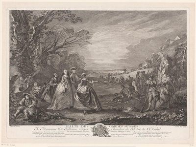 Landskap med fire figurer som besøker en hærleir Halte des Gardes Suisses (tittel på objekt) av Jacques Philippe Le Bas