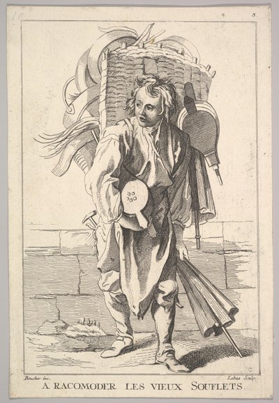 Omvendt kopi av A Racomoder les Vieux Souflets Mend the Old Bellows, fra Le Cri..., 1700-tallet. av Jacques Philippe Le Bas