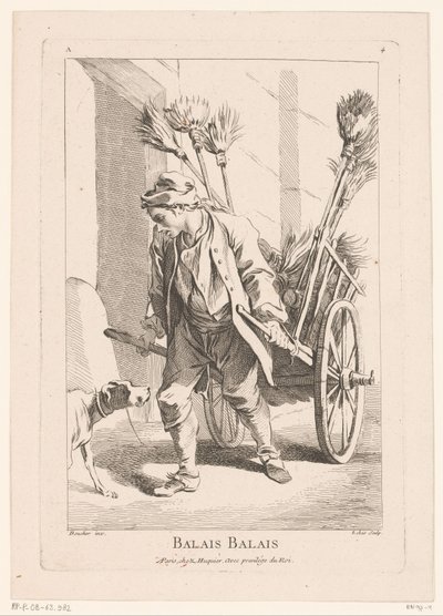Gateselger med koster Balais Balais (tittel på objekt) Cris de Paris (serietittel) Gateselgere i Paris (serietittel) av Jacques Philippe Le Bas