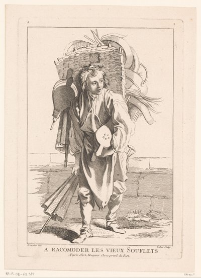 Selger av belg A Racomoder les vieux Souflets (tittel på objekt) Cris de Paris (serietittel) Street Vendors of Paris (serietittel) av Jacques Philippe Le Bas