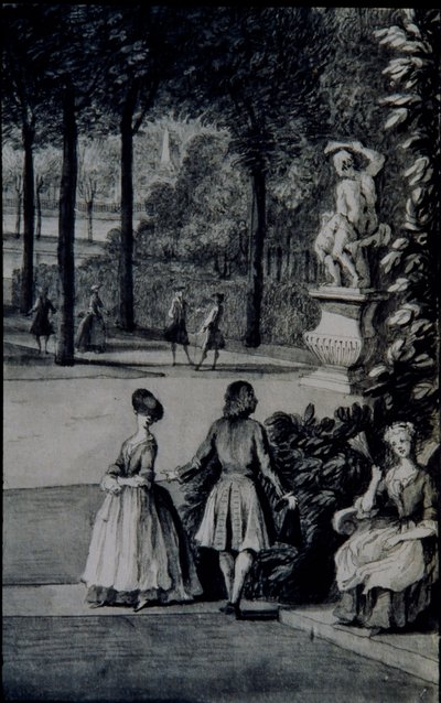 Detalj av 'The Poplar Grove, Lord Burlington's Chiswick Villa' (penn og blekk med akvarell på papir) av Jacques Rigaud
